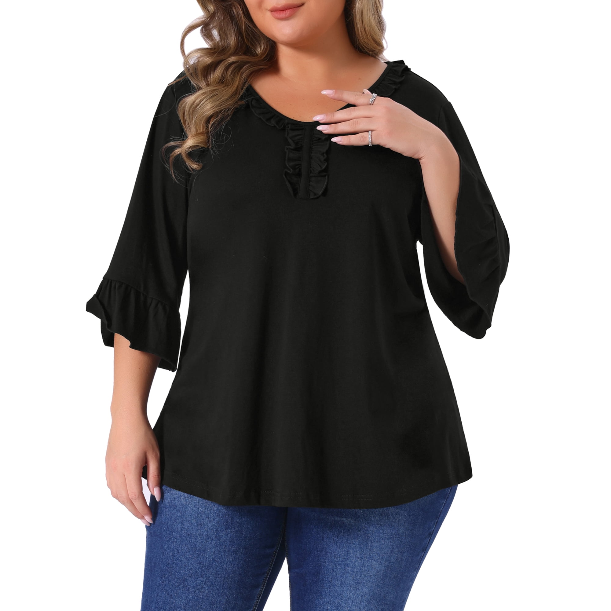 DARING DIVA Women's Plus Ruffle V Neck Tunic Dressy Top 1X Black