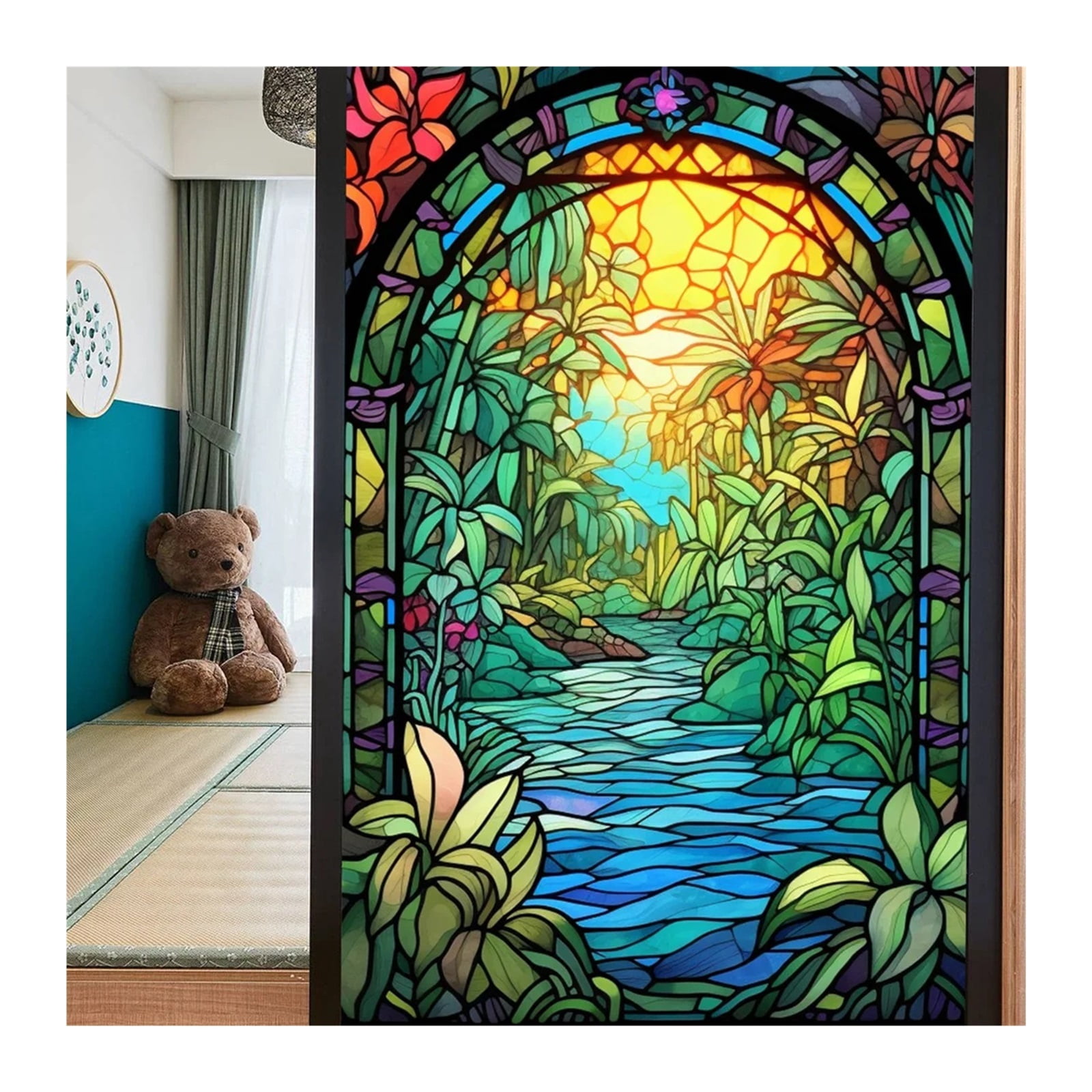 Window Privacy Film 40/60x100cm Colorful Retro Flower Birds Window Glass Electrostatic Stickers Removable Window Privacy Stained Decorative Film