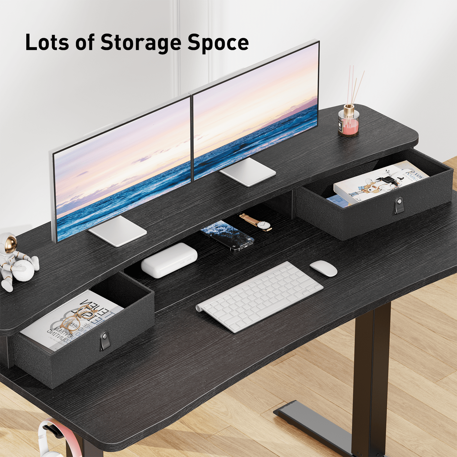 Kyspho Electric Standing Desk with Drawers, 48″ x 24″ Large Adjustable Height Computer Desk for Home Office, C-Clamp Compatible with 4 Presets, Black
