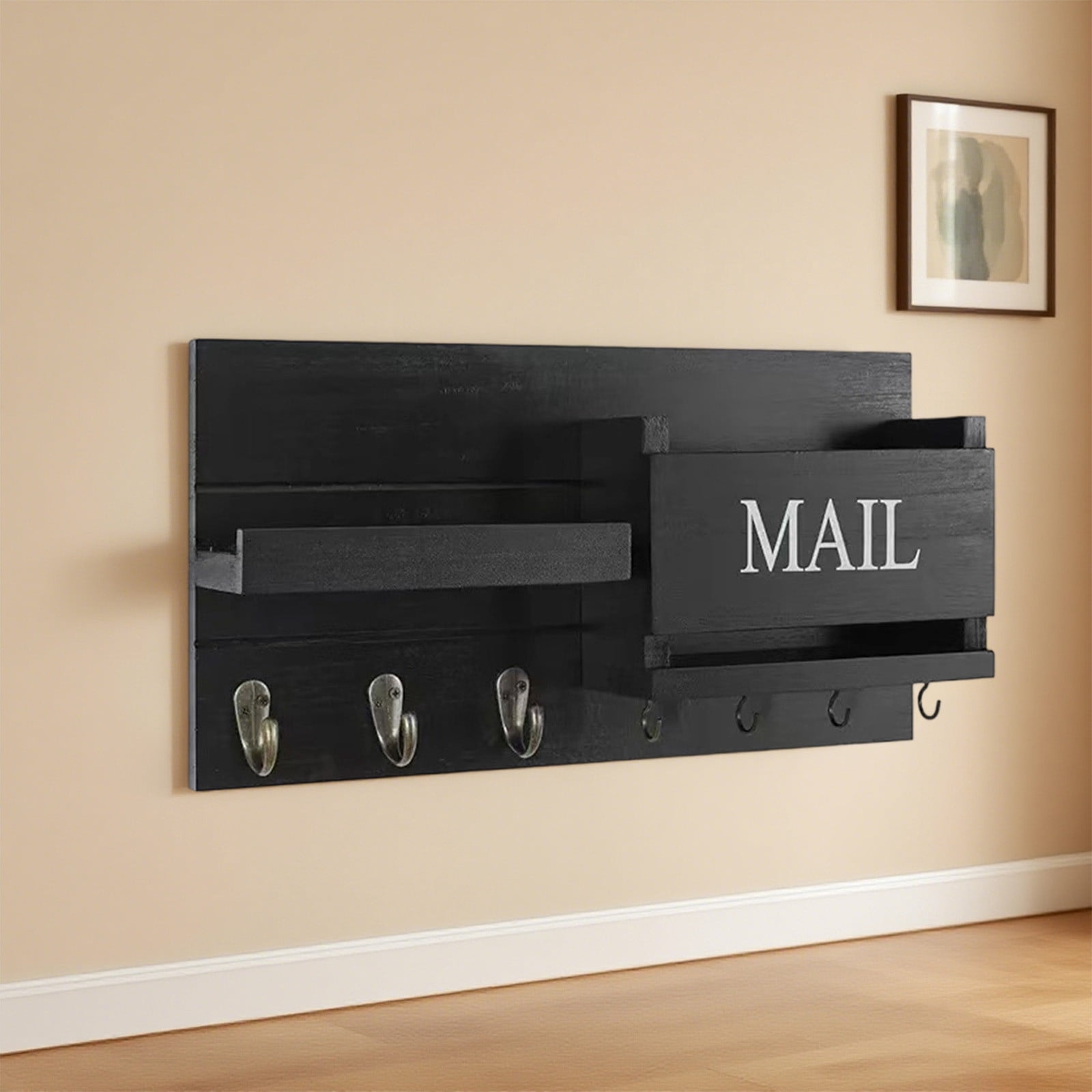 PONPRNGY Mail Organizer for Wall Mount – Key Holder with Shelf Includes Letter Holder and Hooks for Hallway Farmhouse Decor – Rustic Wood with Flush Mounting Hardware