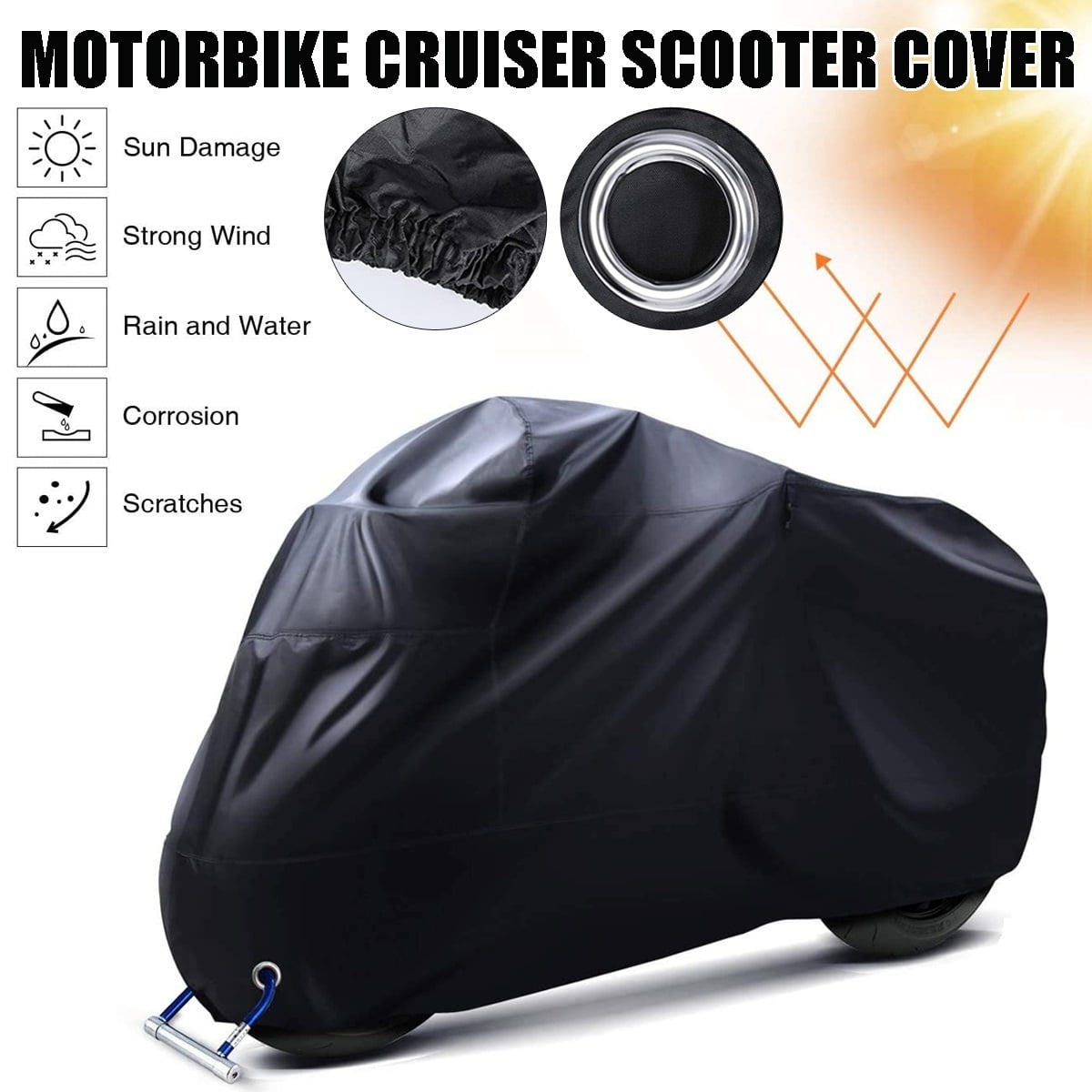Motorcycle Cover Waterproof All Weather Universial Windproof UV Resistant Outdoor Protection with Lockholes, Black, L: 87x37x43 inch