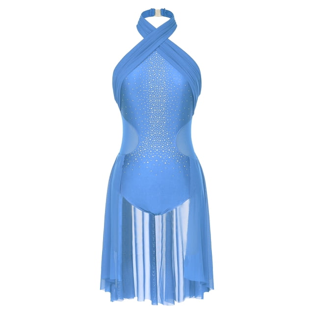 Hansber Robe de Danse Lyrique Froncée à devant Croisé pour Femmes, Dos Nu avec Strass, Danse Moderne de Salon Contemporaine, Costumes F1032LightBlue TTG