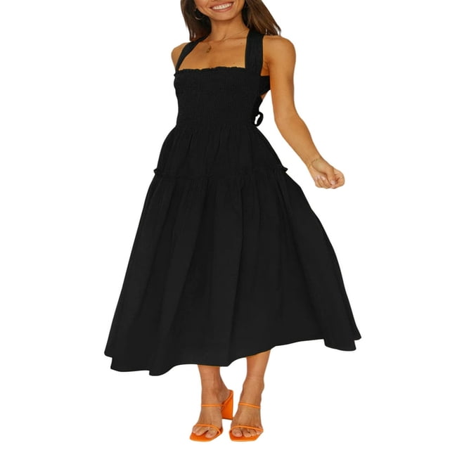 Robe Maxi Plissée d'Été pour Femme, Col Licou, Sans Manches, Robe Soleil, Dos Croisé, Fluide, Maxi Longue