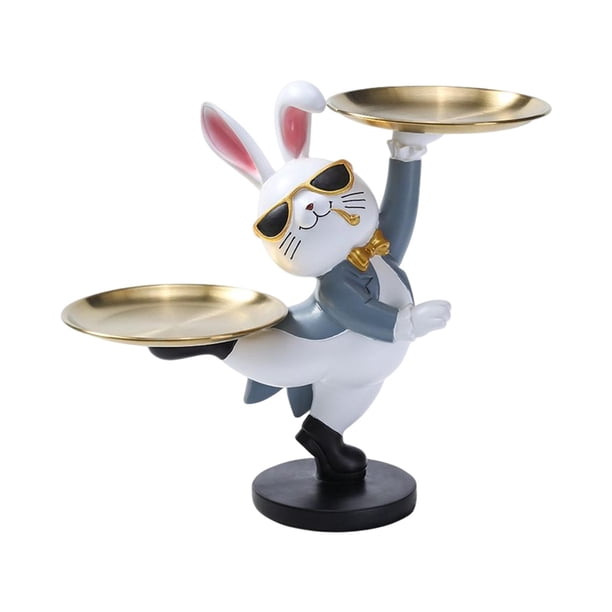Estatua de conejo nórdico con bandeja de almacenamiento, escultura de estatuilla de conejo, organizador de escritorio, plato de dulces, llavero para Gris Sunnimix Llavero de estatua de resina