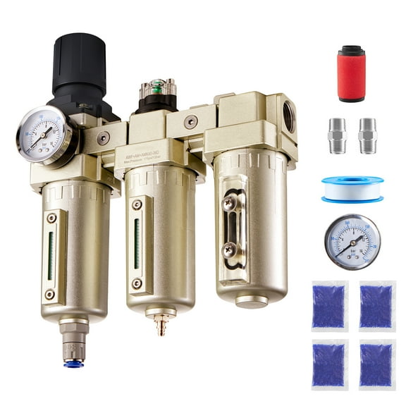 KFFKFF 3/4" NPT Air Compressor Filter Regulator, 3-Stage Filtration System with 5μm, 0.3μm, and 0.1μm Micron Filters, Desiccant Dryer, Auto Drain, and 175 PSI Maximum Pressure