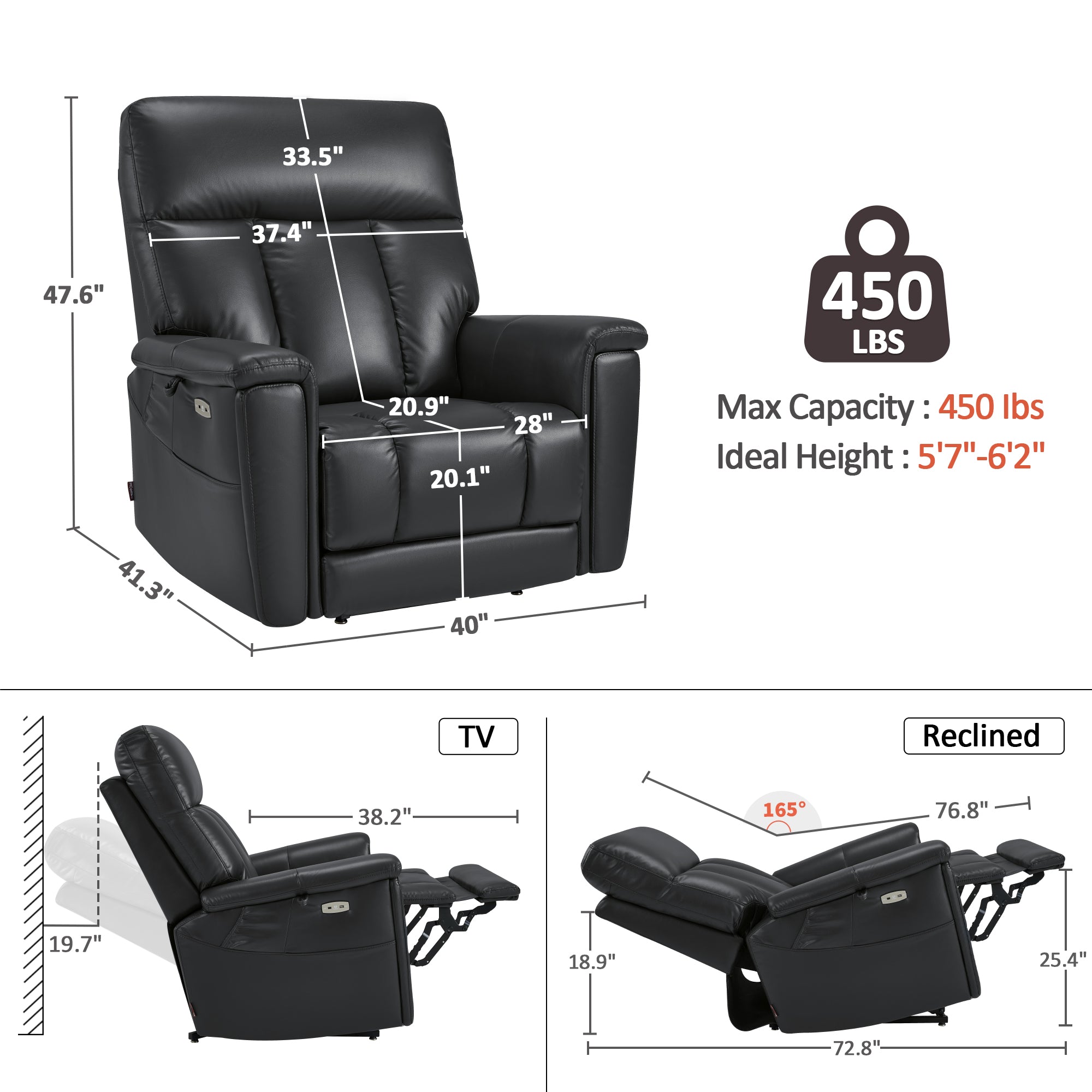 MCombo 450LB Oversized Dual Motor Power Lift Recliner Chair for Big Tall Elderly, Hidden Cup Holders, Faux Leather, Black