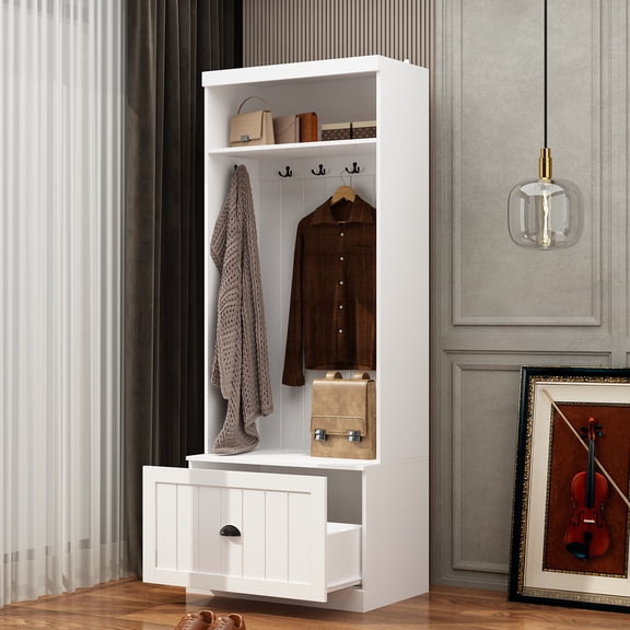 MONSLIPA Hall Tree with Bench and Drawer, Entryway Coat Rack Closet Stand with 6 Double Hooks for Entrance Hallway, White