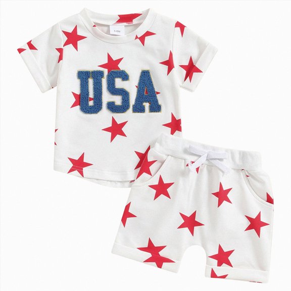 Splozh Baby Boy Clothes Cute Star Striped Short Sleeve Shirt   Shorts Summer Outfit, Baby Boy 4th of July Outfit Patriotic Boys Clothing,White,6-12 Months