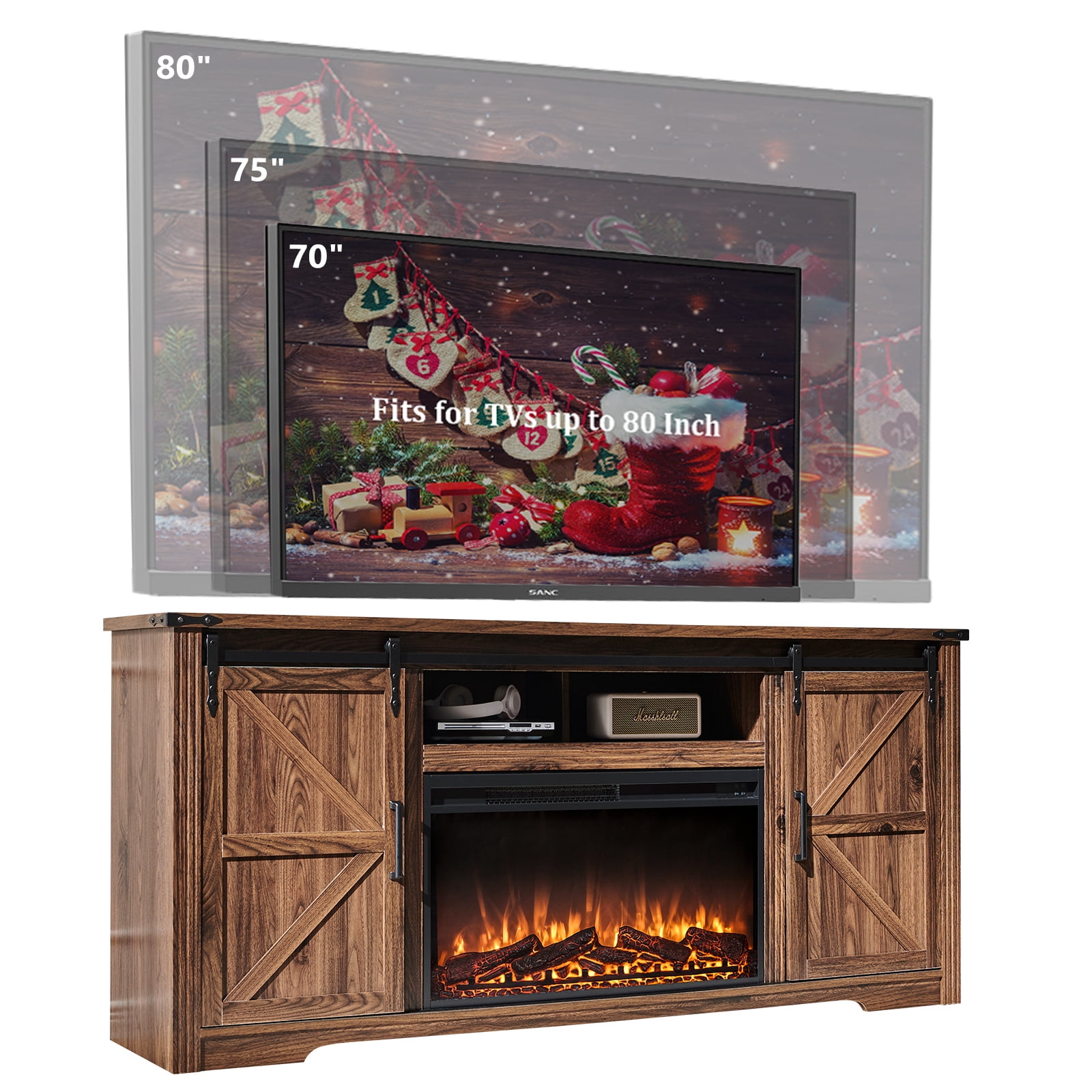 T4TREAM Farmhouse TV Stand for TVs up to 80", Entertainment Center with 30" Electric Fireplace and Sliding Barn Door&4 Drawers Storage Inside, Reclaimed Barnwood