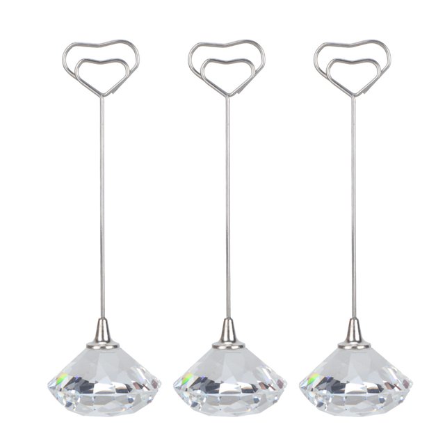 3PCS Heart Iron Wire Note Photo Memo Holder Crystal Diamond Base Place Paper Holders Clips for Home Decor Party (Clear)