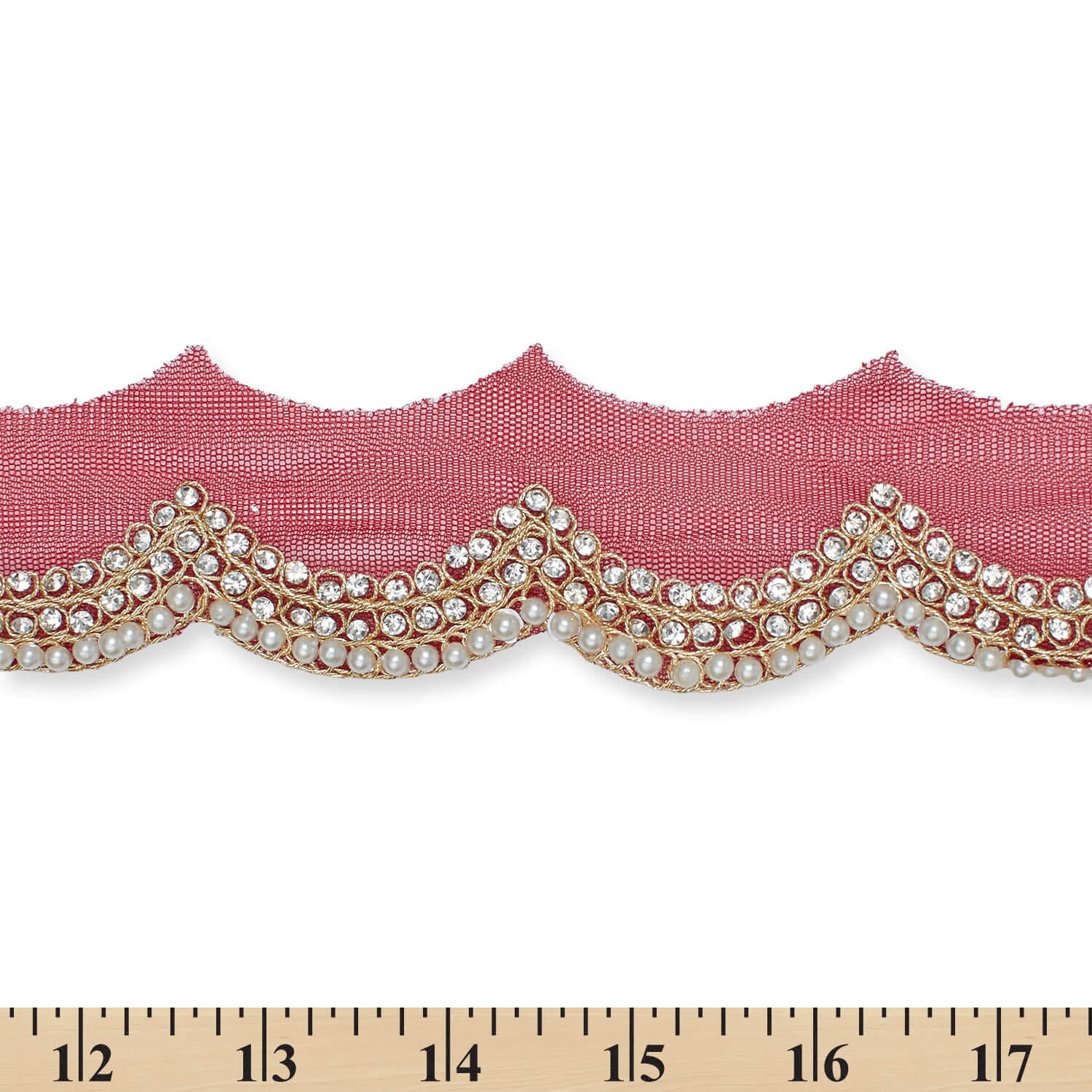 2 Inch Scalloped Regal Rhinestones Beads & Metallic Cording On Polyester Mesh Trim By The Yard For Sewing, Crafts, Decor, Or Upholstery - Burgundy (1 Yard)