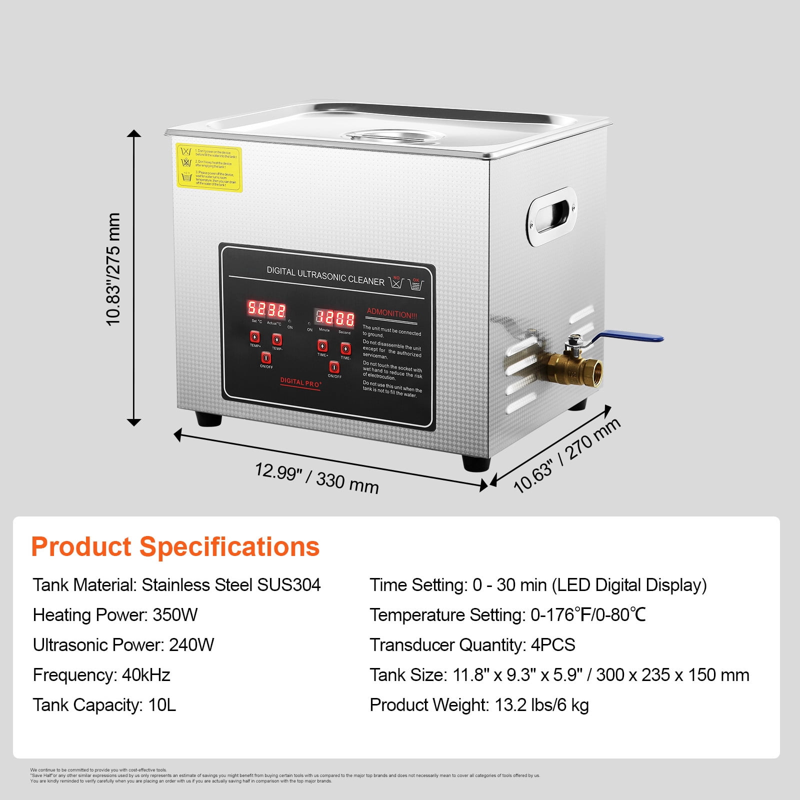 VEVOR 10L Ultrasonic Cleaning Machine 304 Industrial Grade Jewelry Cleaner with 351W Timer Heating Digital Sonic Large Cleaner for Watch Ring Coin Glass Instruments FCC CE RoHS Certified