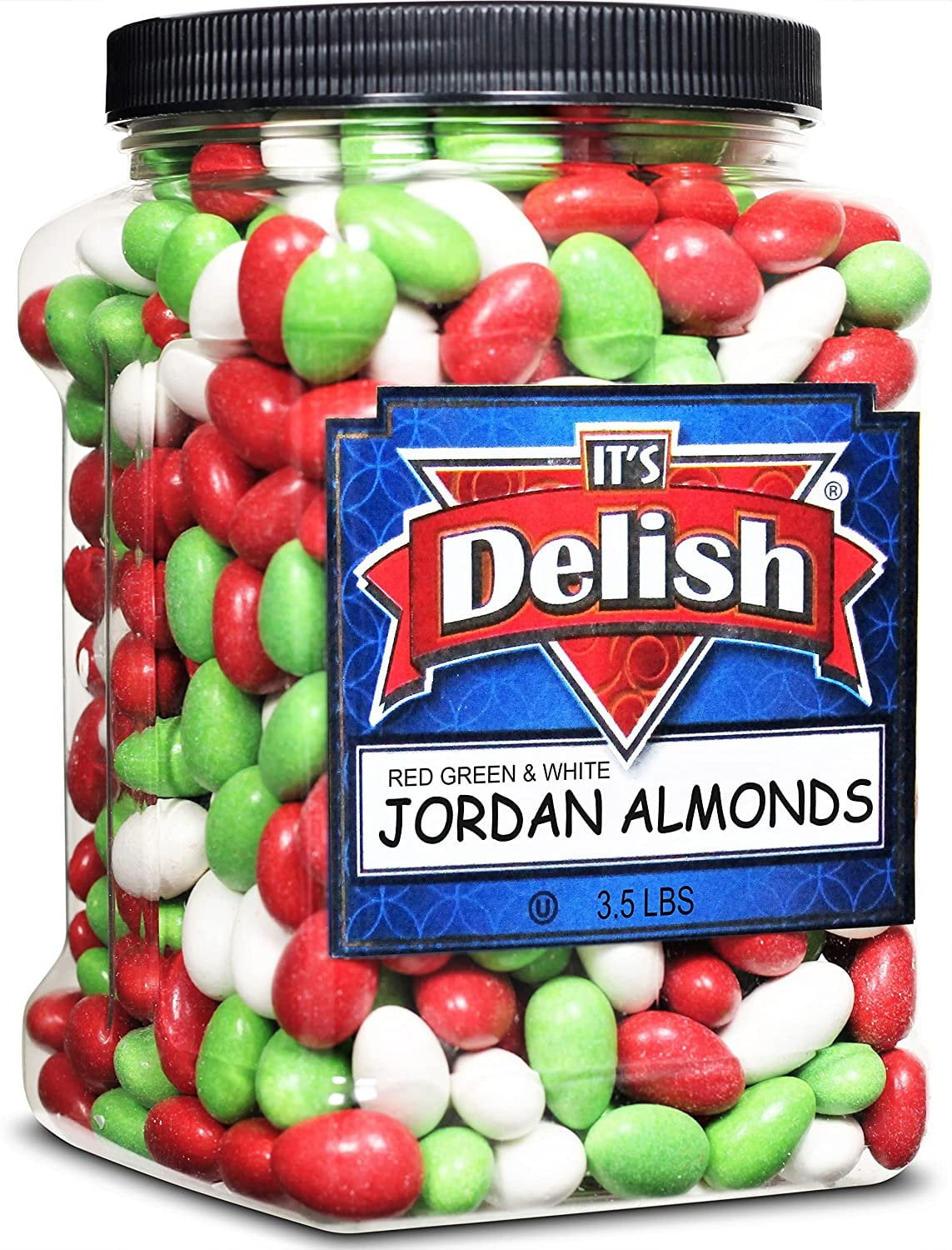 Christmas White, Red & Green Jordan Almonds by Its Delish, 3.5 lbs. Jumbo Reusable Container  Candied Almonds with Sweet Hard Candy Coating - Perfect for Christmas Themed Parties - USA Made & Vegan