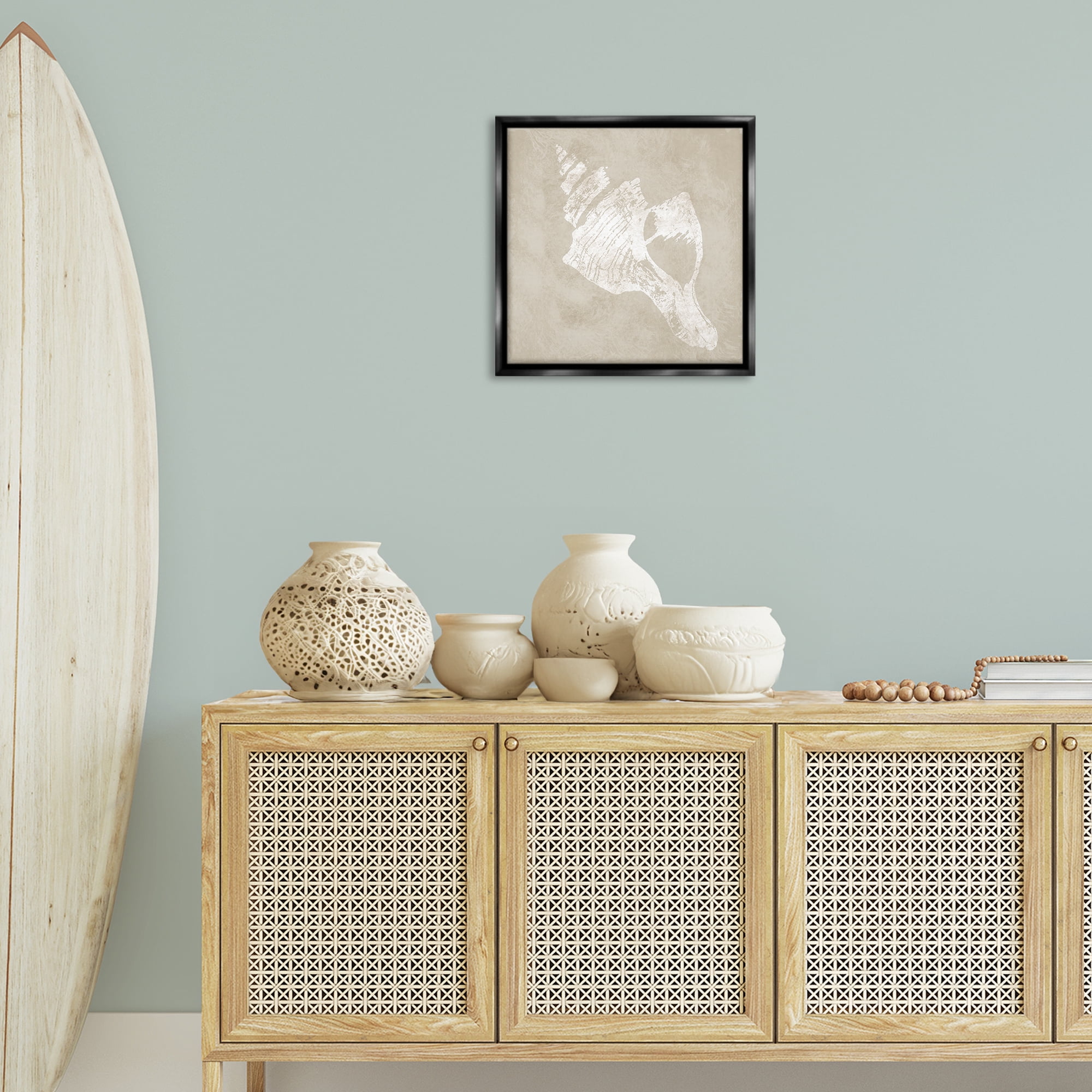 Stupell Industries Rustic Distressed Conch Nautical & Beach Painting Black Floater Framed Canvas Art Print Wall Art, 18 x 18