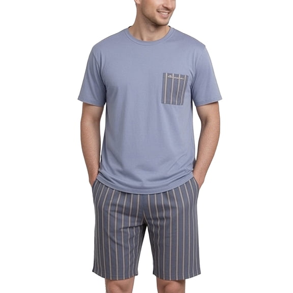 NKZNKZ Men's Pajama Set Lightweight Sleepwear Sets Crew Neck Short Sleeve and Shorts blue SIZE L