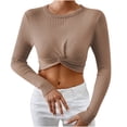 thumbnail image 1 of Yuyuzo T-Shirts à Manches Longues pour Femmes pour Sortir, devant Torsadé, Tricot Côtelé, Court, Décontracté, Basique, Col Ras du Cou, Ajusté, 1 of 6