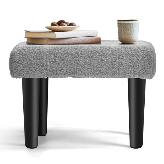 Rectangular Teddy Fleece Footrest Stool, Tufted Ottoman with Black Legs, Grey