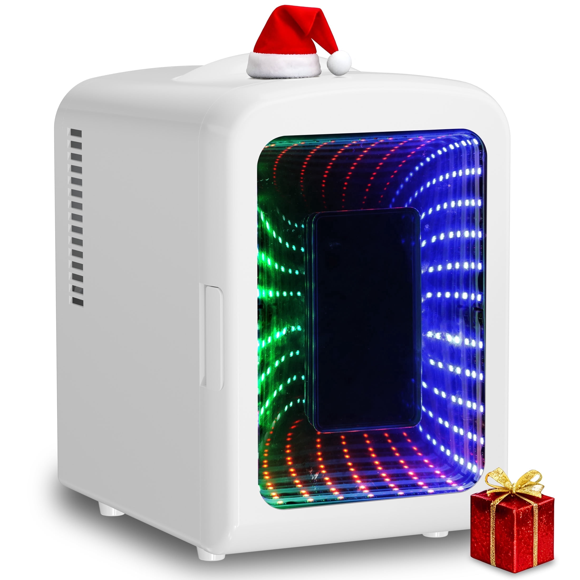 Auseo 4L Mini Fridge Personal with LED, Portable Cooler for Bedroom, Office, Car, Small Refrigerator for Skincare, Drinks & Gaming Room, AC/DC Powered, White