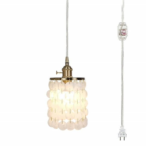 FSLiving Hanging Swag Lamp No Wiring Needed Portable Pendant Light with 15ft Plug-in Dimmer Cord Brass Finished E26 Socket with Campanula Style Handmade Natural Shell Lampshade Adjustable - 1 Light