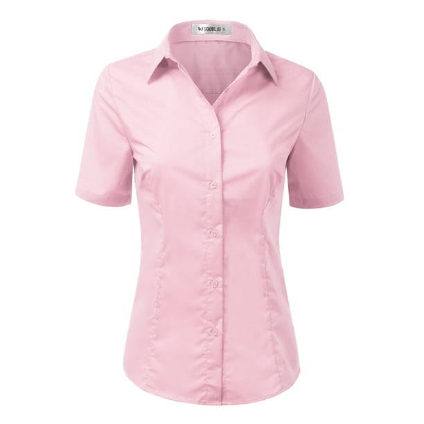 Doublju Women's Short Sleeve Slim Fit Button Down Dress Shirt (Plus