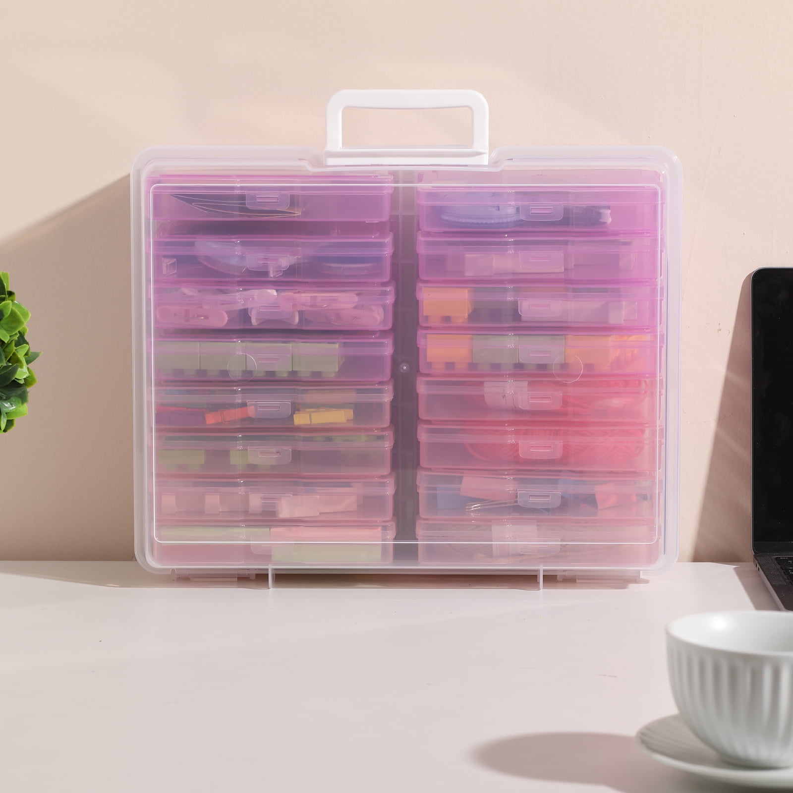 Novelinks Photo Storage Box with 16 Inner 4" x 6" Photo Case Organizer Box and Craft Keeper with handle for Photo Puzzles Cards Seed Packets,4 Pink Colors