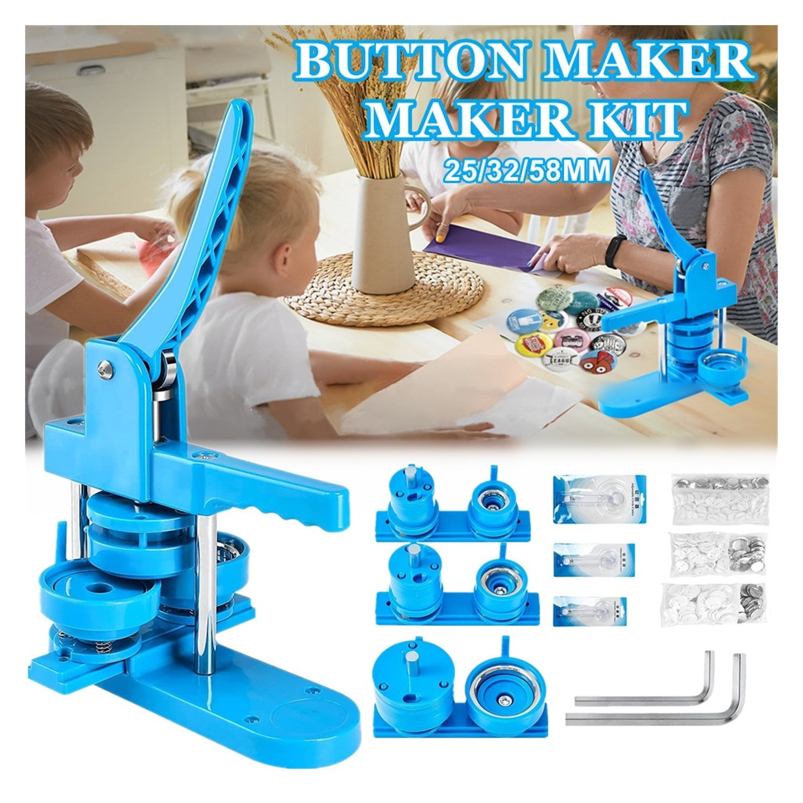 25+32+58MM Blue Badge Button Maker Machine, DIY Pin Badge Press Making Machine With 300Pcs Button Parts+3 S+3 Circle Cutter