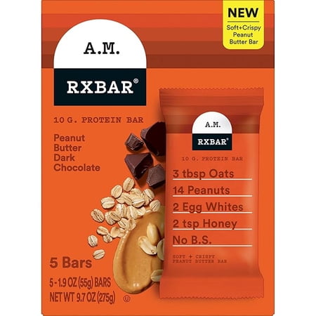 RXBAR A.M. Protein Bars, Gluten Free Snacks, Breakfast Snacks, Peanut Butter Dark Chocolate, 9.7oz Box (5 Bars)