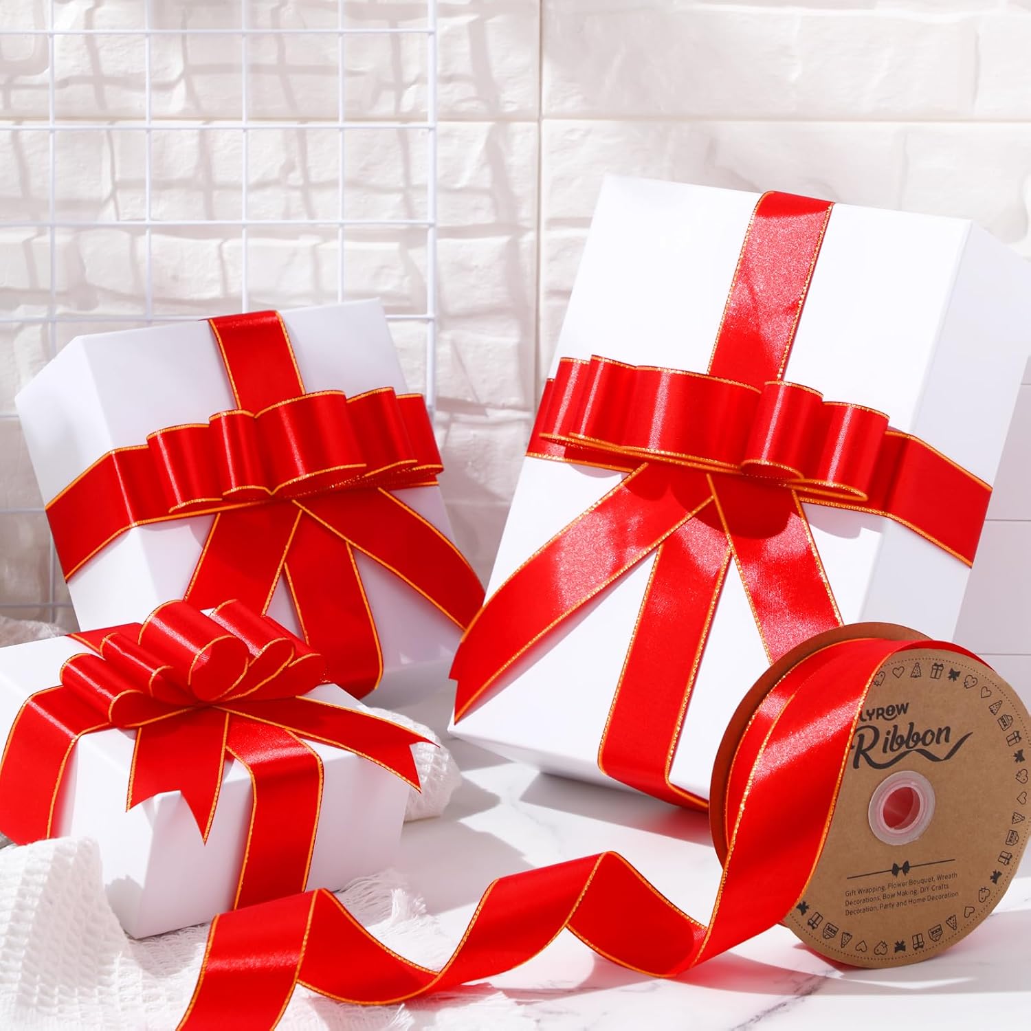 GYTY 50 Yards Red Satin Ribbon with Gold Edges 1.5 Inch Gold Border Fabric Ribbons Funeral Ribbon for Gift Wrapping DIY Crafts Wedding Shower Corsage Bible Decoration Bows Bouquet