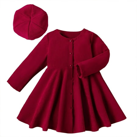 

HTGFGMGW Flower Girl Dress Toddler Kids Girls Fashionable Soild Collar Long Sleeves Princess Dress Hat Set Girls Dress Red