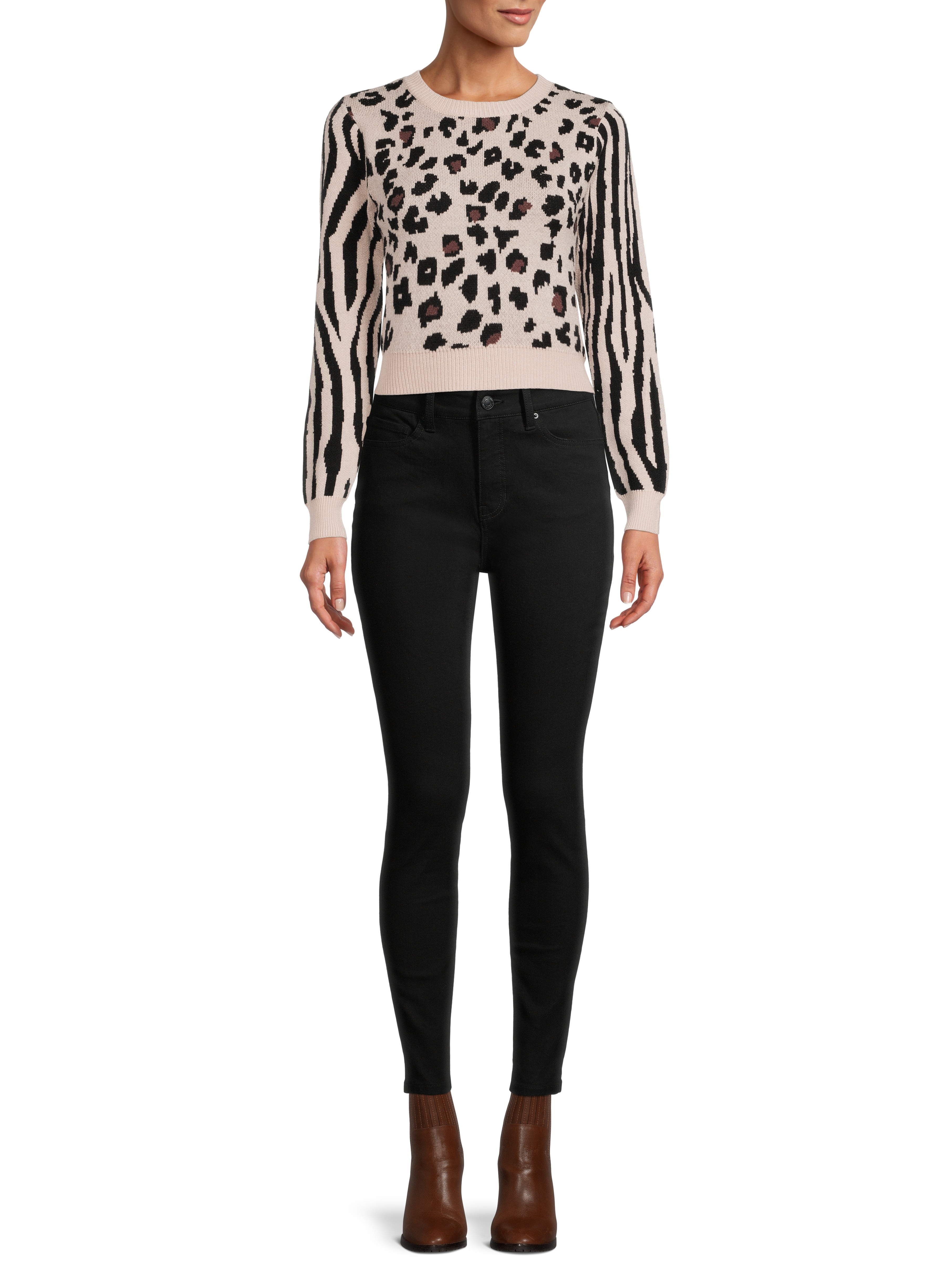 Dreamers by Debut Womens Animal Print Cropped Pullover Long Sleeve Sweater