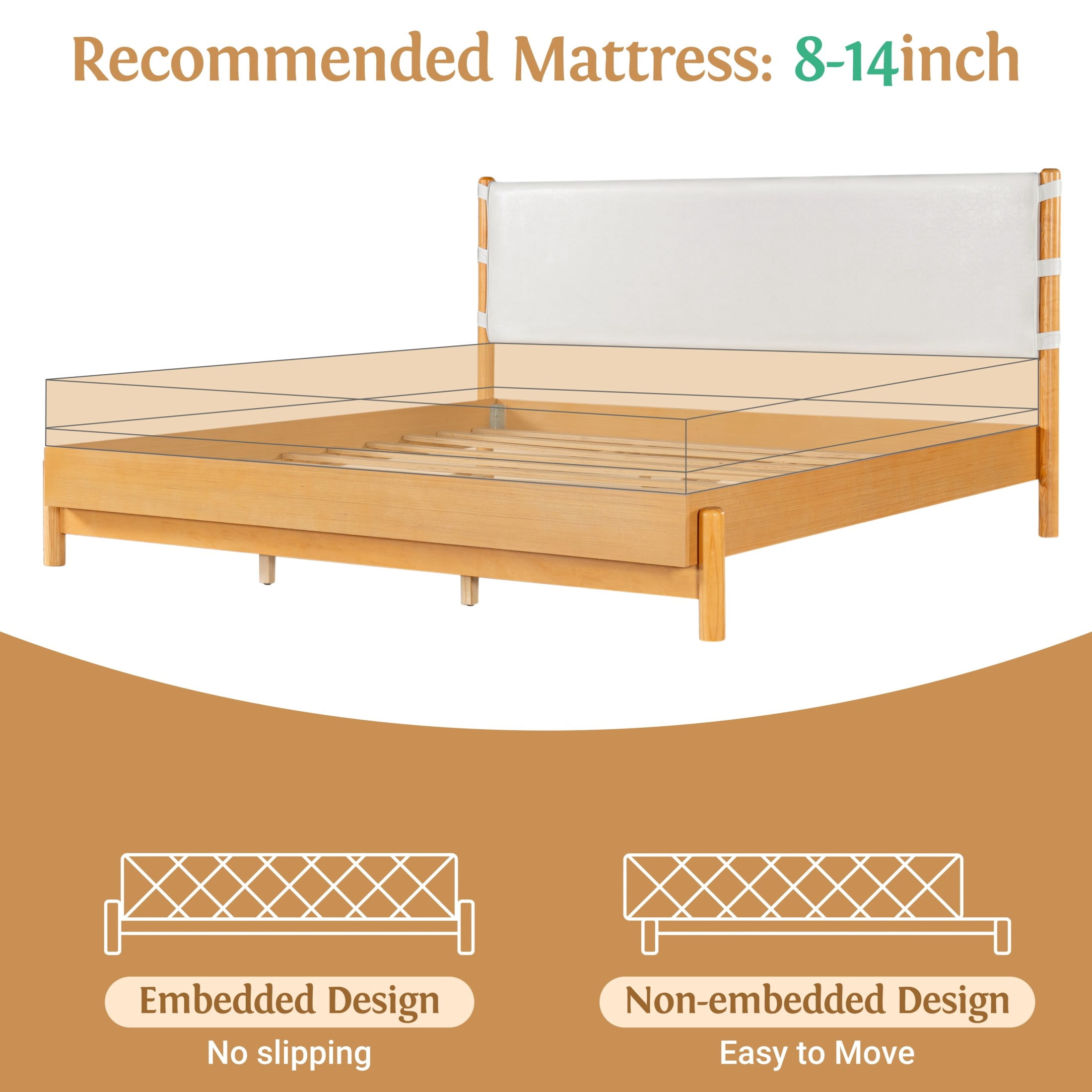 Christopher Knight Home Queen Modern Wood Platform Bed with PU Upholstered Headboard, Oak+Beige