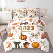 Manfei Autumn Cozy Season 7pcs Bedding Comforter Set,Cute Bowtie Bowknot Queen Bedding Sets,Brown Autumn Pumpkin Maples Queen Sheet Sets For Adults,Luxury Bedroom Decor Reversible