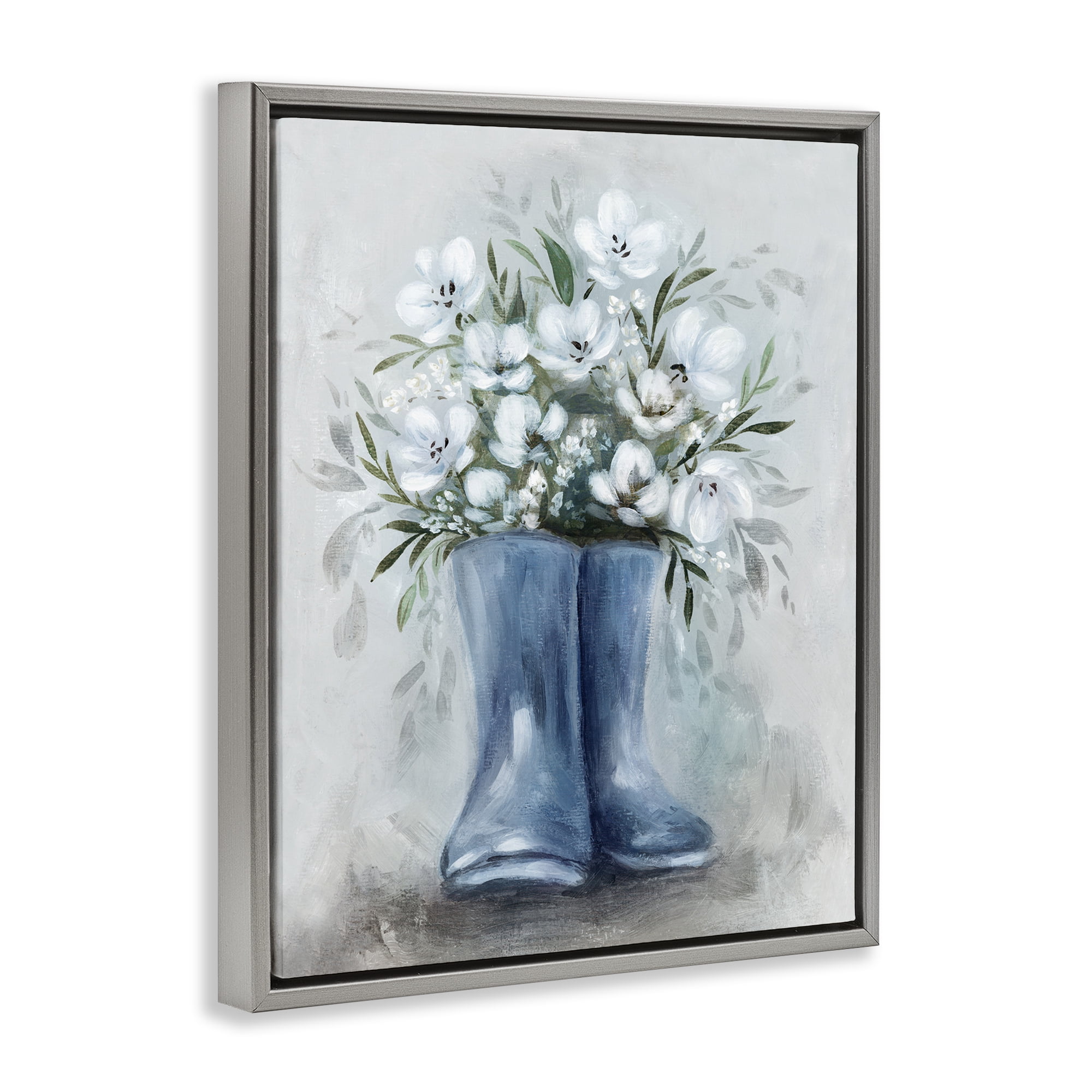 Stupell Industries Botanical Bouquet in Blue Boots Gray Framed Floater Canvas Wall Art, design by Kristen Brockmon