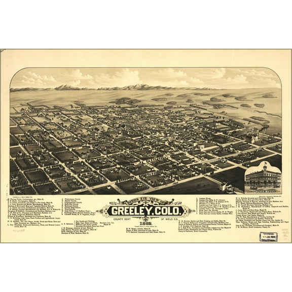 24"x36" Gallery Poster, birdseye view map of Greeley, Colorado 1882