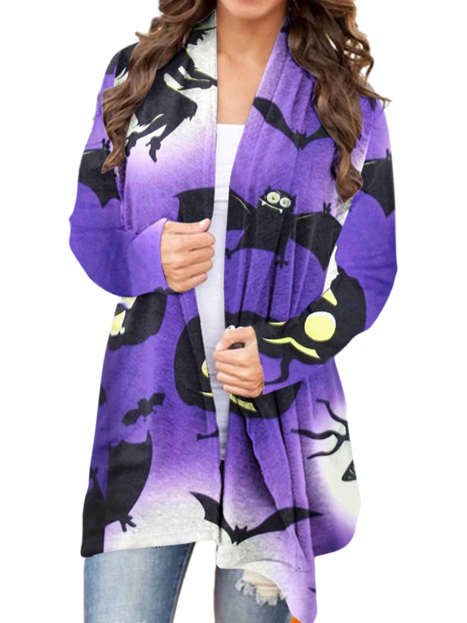 Womens Halloween Pumpkin Print Open Front Cardigan Long Sleeve Soft Knit Sweater Chunky Outwear
