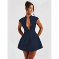 thumbnail image 5 of Women'S Summer Sexy- Cap Sleeve Deep V Neck Zipper A-Line Mini Dress Hollow Bodycon Night Out Party Dress Navy Blue S, 5 of 7