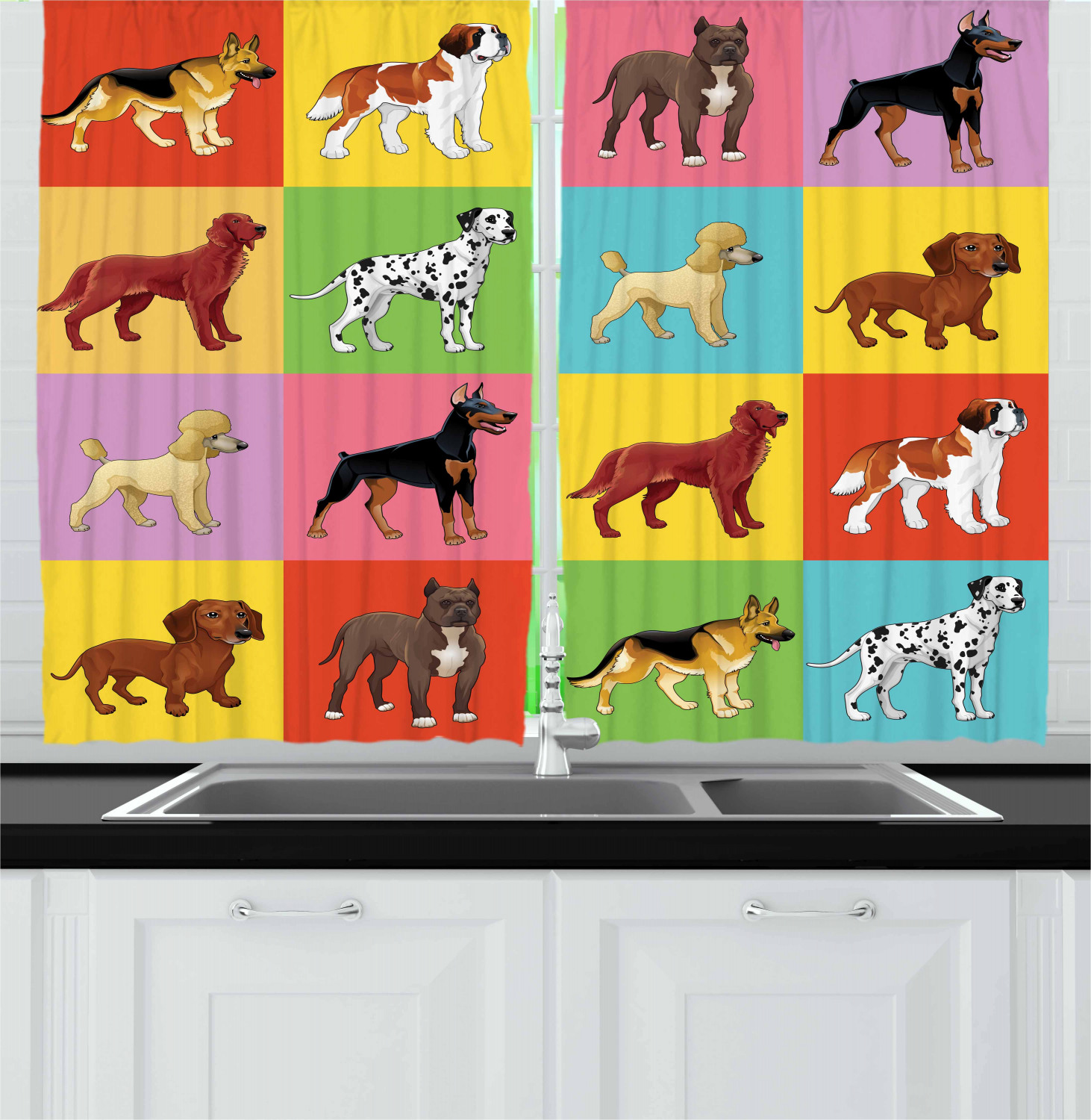 Dogs Curtains 2 Panels Set, Colorful Checkered Pattern with Different