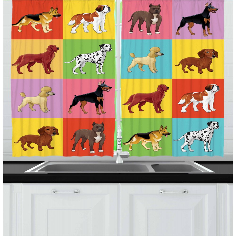 Dogs Curtains 2 Panels Set, Colorful Checkered Pattern with Different