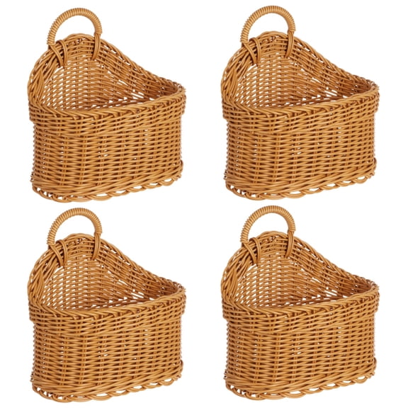 4 Pcs Hanging Plastic Wicker Style Baskets for Wall, Small Woven Baskets with Handle, Wall Hanging Storage Baskets, Decorative Baskets for Kitchen Bathroom, 8.3 x 7.5 x 3.9 in