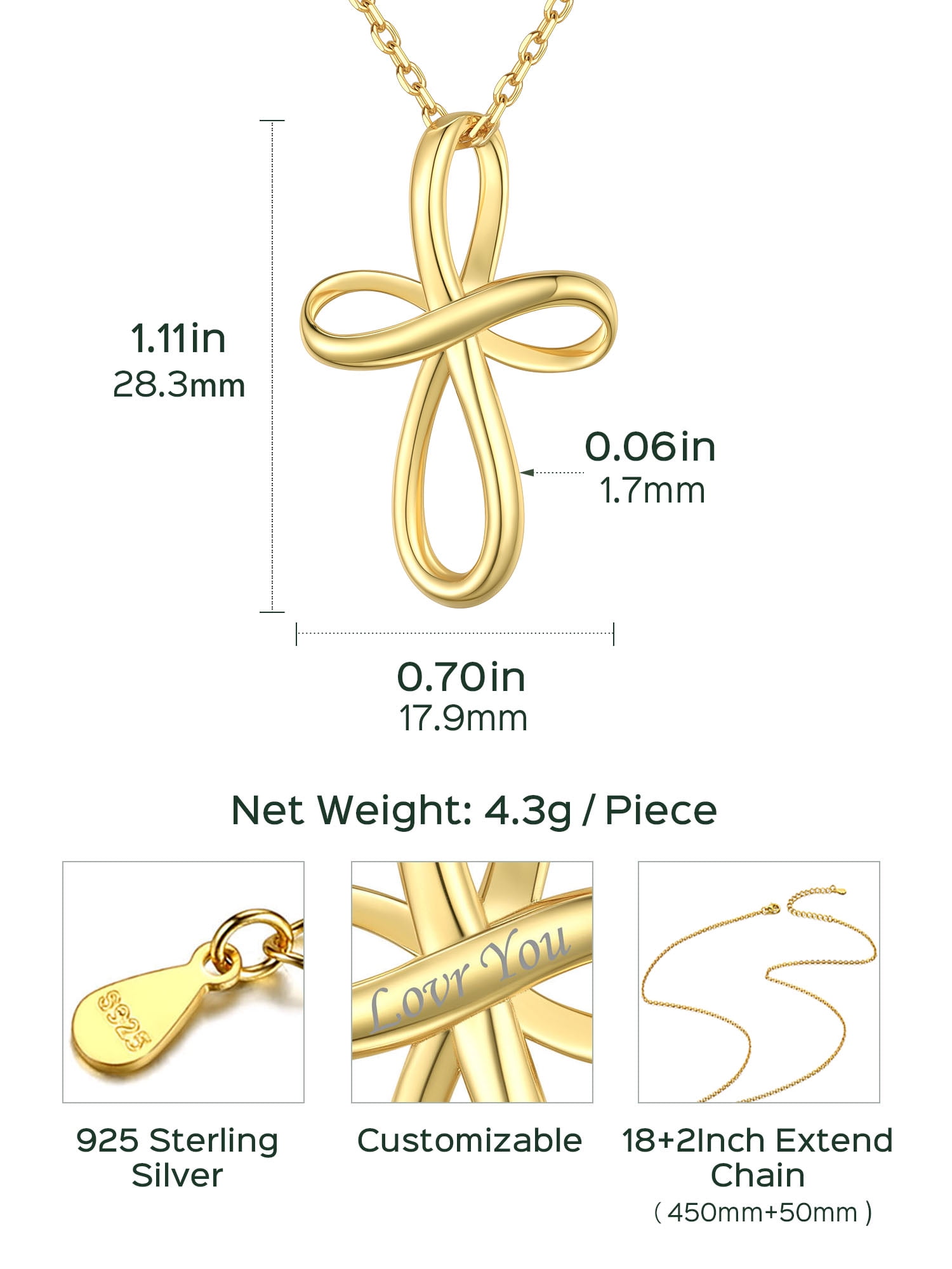 ChicSilver Infinity Cross Necklace 14K Gold Plated Sterling Silver Twisted Cross Pendants Religious Jewelry Gifts for Women 18+2 Inch