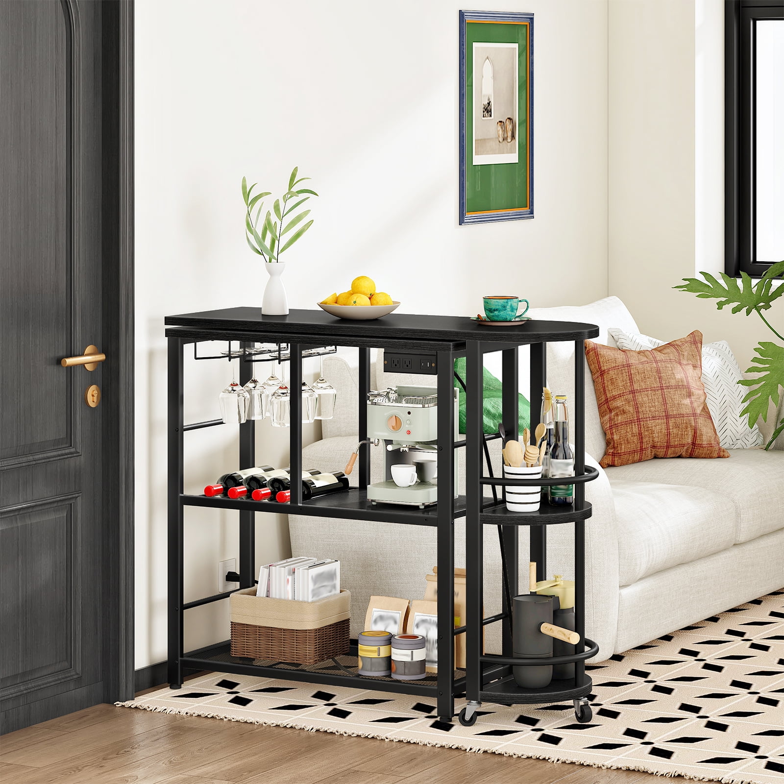 HOOBRO Adjustable Length and Charging Station L-Shaped Pub Tables, Black