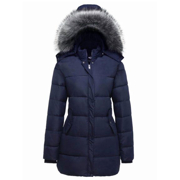 GGleaf Women's Plus Size Winter Thicken Puffer Coat Warm Snow Jacket with Fur Removable Hood Navy 5X