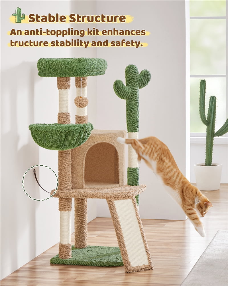 Yaheetech 42" Height Cactus Cat Tree with Scratching Posts, Basket & Ladder, Brown/Green