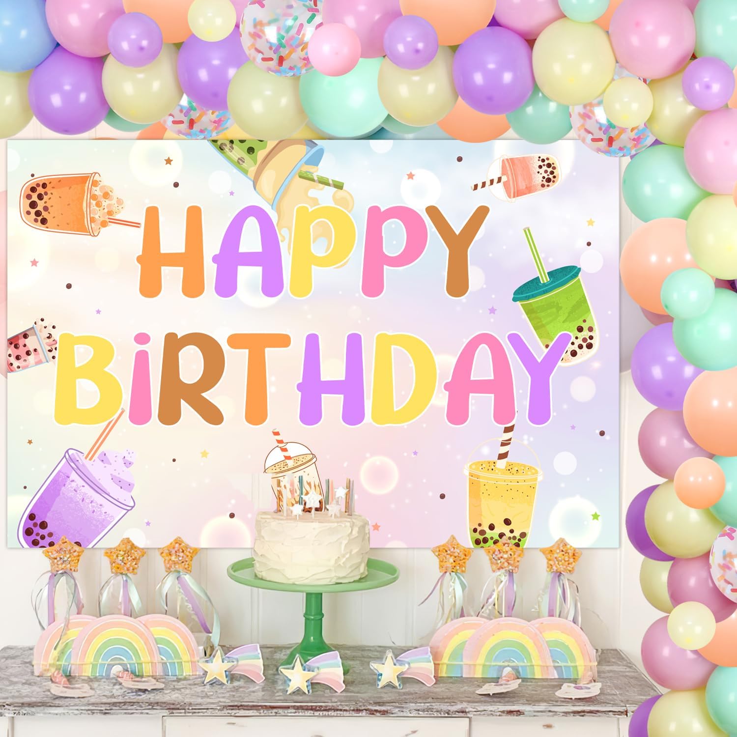 Boba Tea Birthday Party Decorations Milk Tea Happy Birthday Backdrop Macaron Rainbow Balloon Garland Arch Kit for Boys Girls Birthday Party Decor Supplies