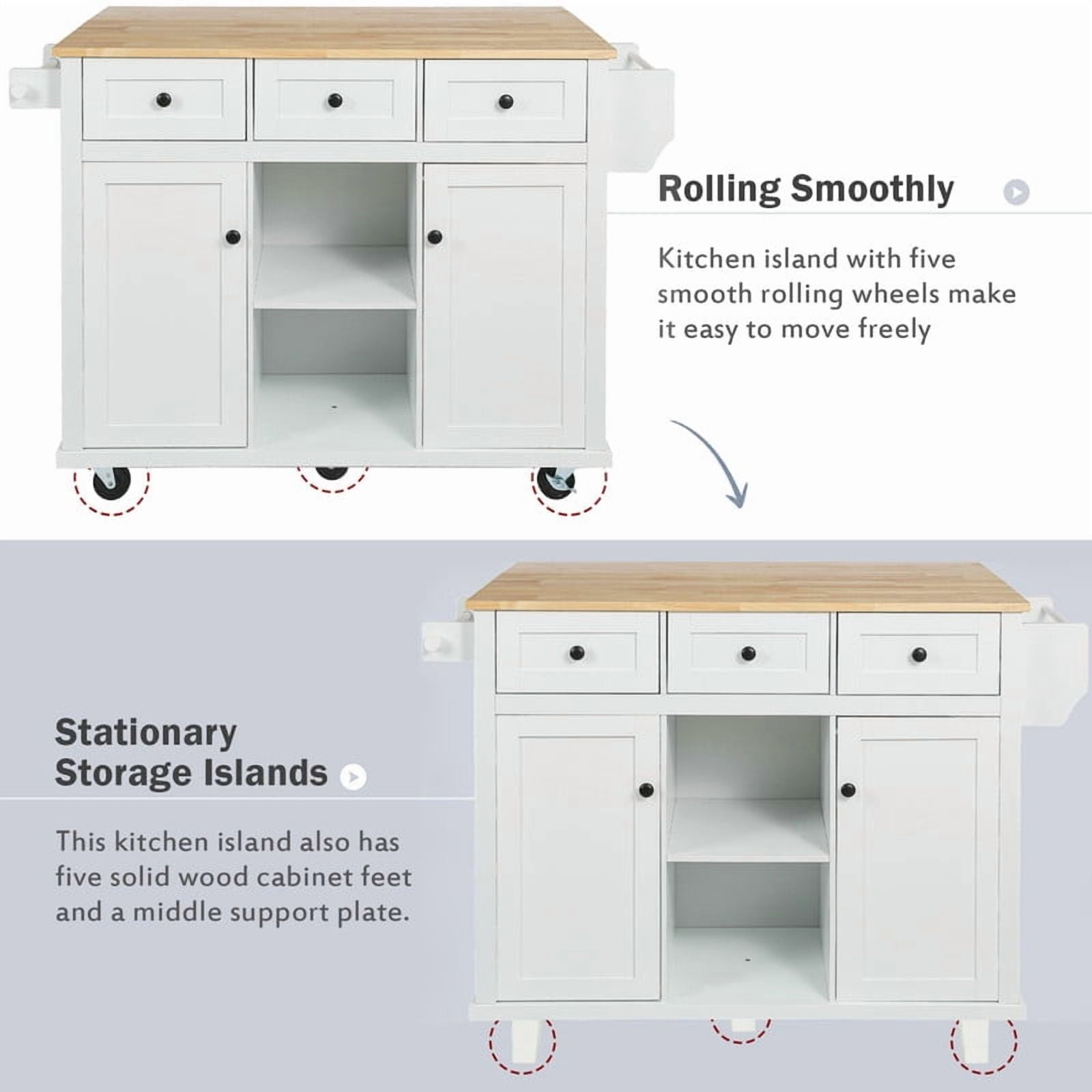 HICOMILA Kitchen Island Cart with Drop Leaf, Rolling Kitchen Island on Wheels with Storage Cabinet, Rubber Wood Countertop, 5 Drawers & Cabinet Door Storage Racks, White