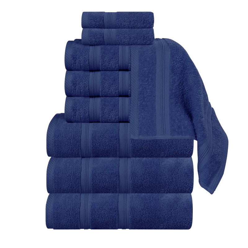 Superior Smart Dry 9-Piece Zero Twist Soft Cotton Towel Set, Quick Dry Fade Resistant, Navy Blue
