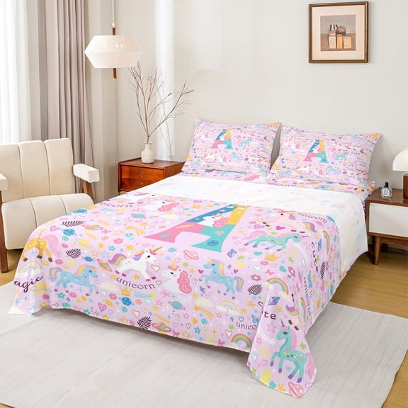 jejeloiu Unicorn Rainbow Monogram A Full Size Sheets For Girls,Magical Star Initial Bed Sheets For Kids,4-Piece