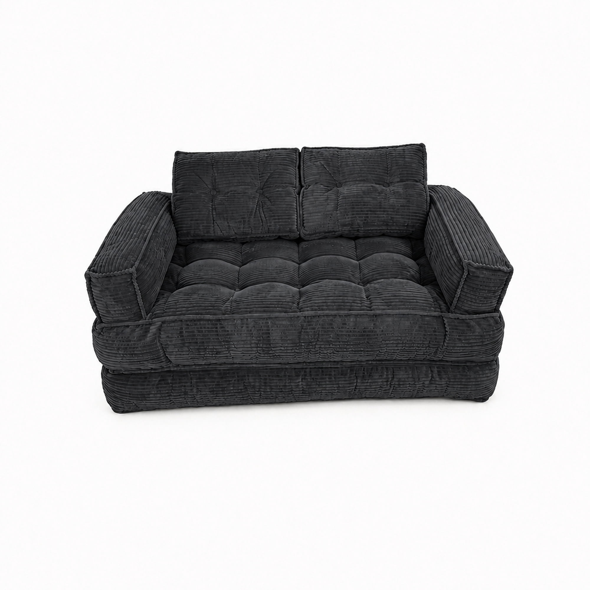 Leumius 2 Seater Modular Corduroy Sofa with Chaise Lounge,2-in-1 Boneless Convertible Floor Couch,Lazy Double Sofa with Armrest for Living Room Bedroom Apartment Game Guest Room,Black