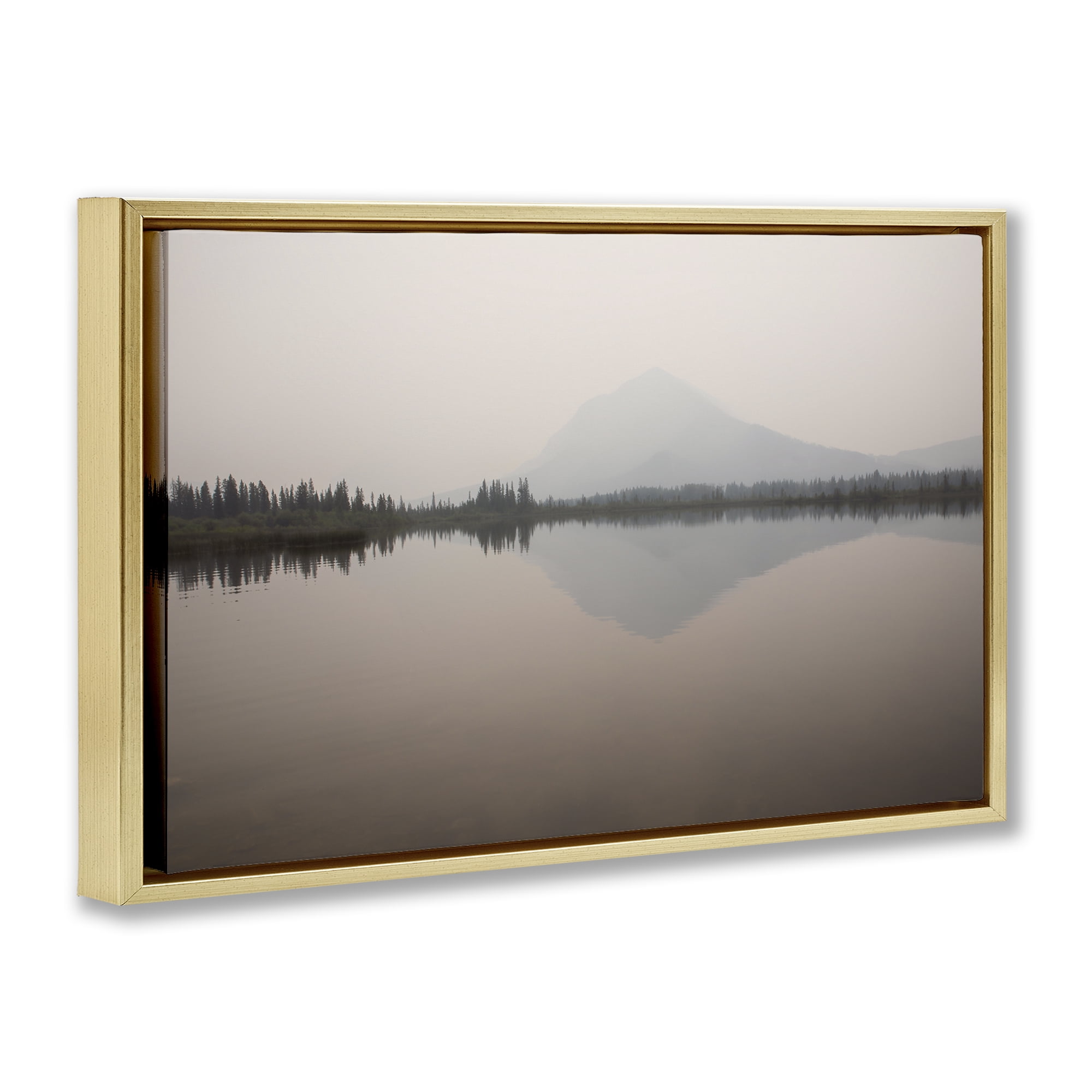Stupell Industries Mountain Peak Reflecting Lake Landscape & Nature Photography Gold Floater Framed Canvas Art Print Wall Art, 25 x 17