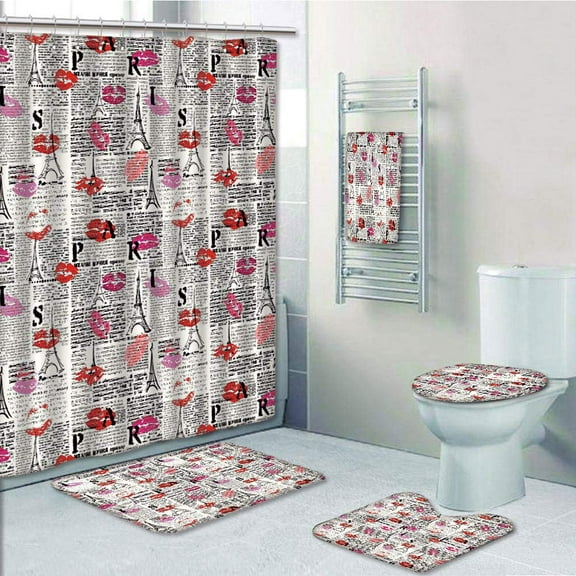 PRTAU Paris Lipstick Kiss with Tourist Attraction Tower Sketch Newspaper Looking 5 Piece Bathroom Set Shower Curtain Bath Towel Bath Rug Contour Mat and Toilet Lid Cover